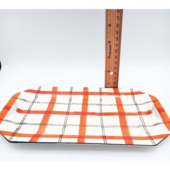 Red Plaid Serving Tray Takito Company Vintage Hand Painted Japan 10.25 In Crazed - Picture 3 of 16